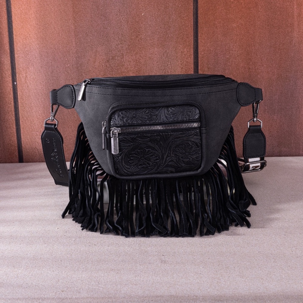 Montana West Floral Tooled Fringe Fanny Pack - Black